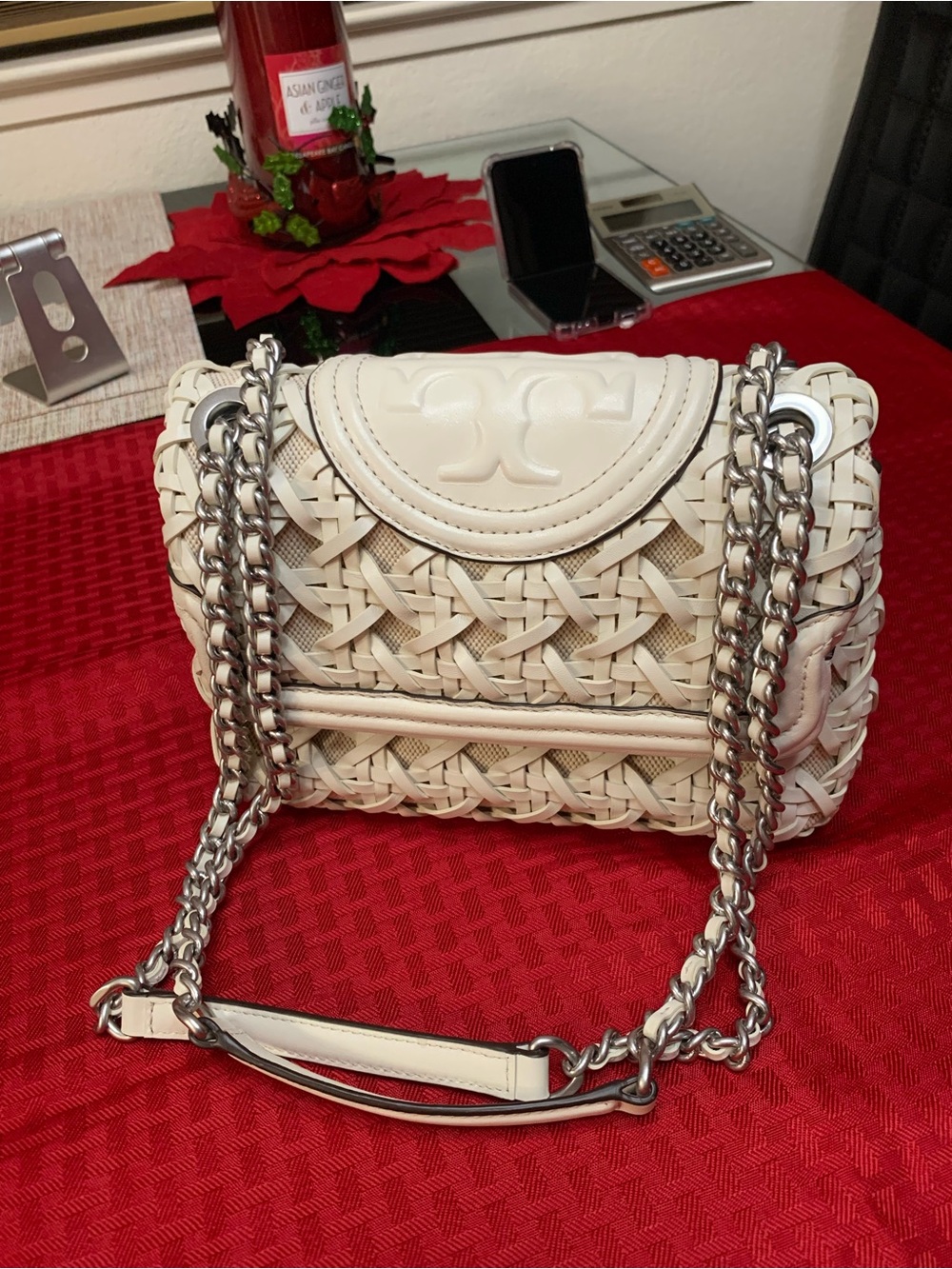 Tory Burch Fleming White Woven Leather Shoulder Bag with Silver Chain